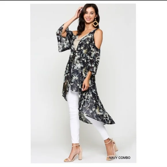 🔥$5🔥BLUE FLORAL PRINTED COLDSHOULDER  KIMONO- - Picture 3 of 6